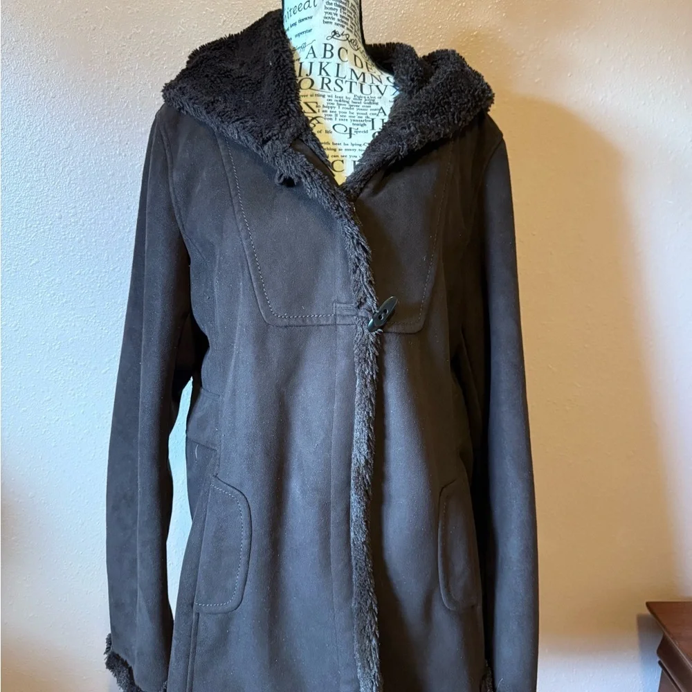 Jones New York Chocolate Suede Coat w/Plush Faux Shearling lining & Hood